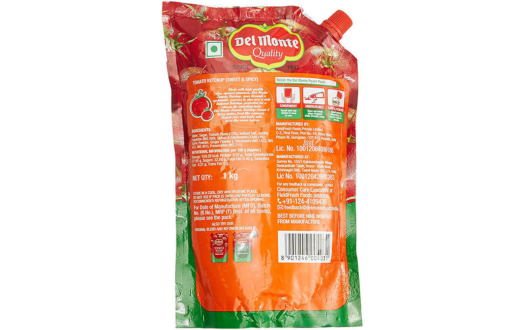 Del Monte Tomato Ketchup Sweet & Spicy Pouch 1 kilogram Reviews Nutrition Ingredients